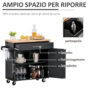 CARRELLO DA CUCINA CON CASSETTO E ARMADIETTO 109X40X89 CM NERO E LEGNO