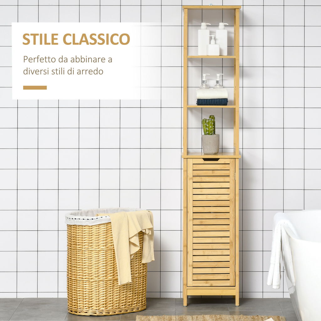 MOBILE BAGNO A 3 RIPIANI E CREDENZA DESIGN A DOGHE 34X30X173CM LEGNO NATURALE