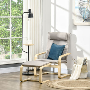 POLTRONA RELAX CON POUF POGGIAPIEDI IN LEGNO E TESSUTO EFFETTO LINO CON CUSCINO POGGIATESTA 67X69X100CM GRIGIO