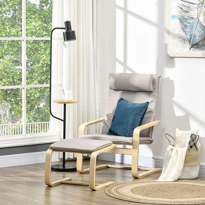 POLTRONA RELAX CON POUF POGGIAPIEDI IN LEGNO E TESSUTO EFFETTO LINO CON CUSCINO POGGIATESTA 67X69X100CM GRIGIO