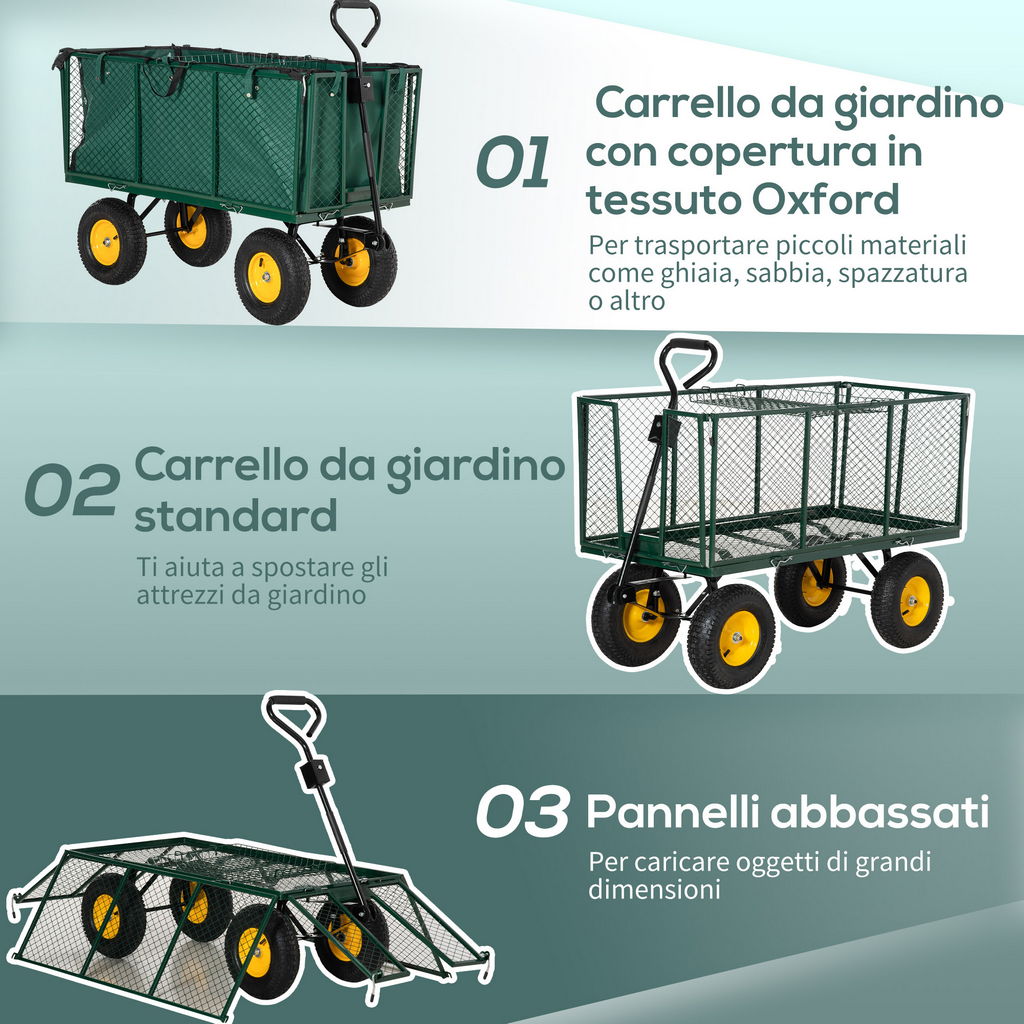 CARRELLO DA GIARDINO IN ACCIAIO CON PARETI LATERALI CAPIENZA 342L VERDE
