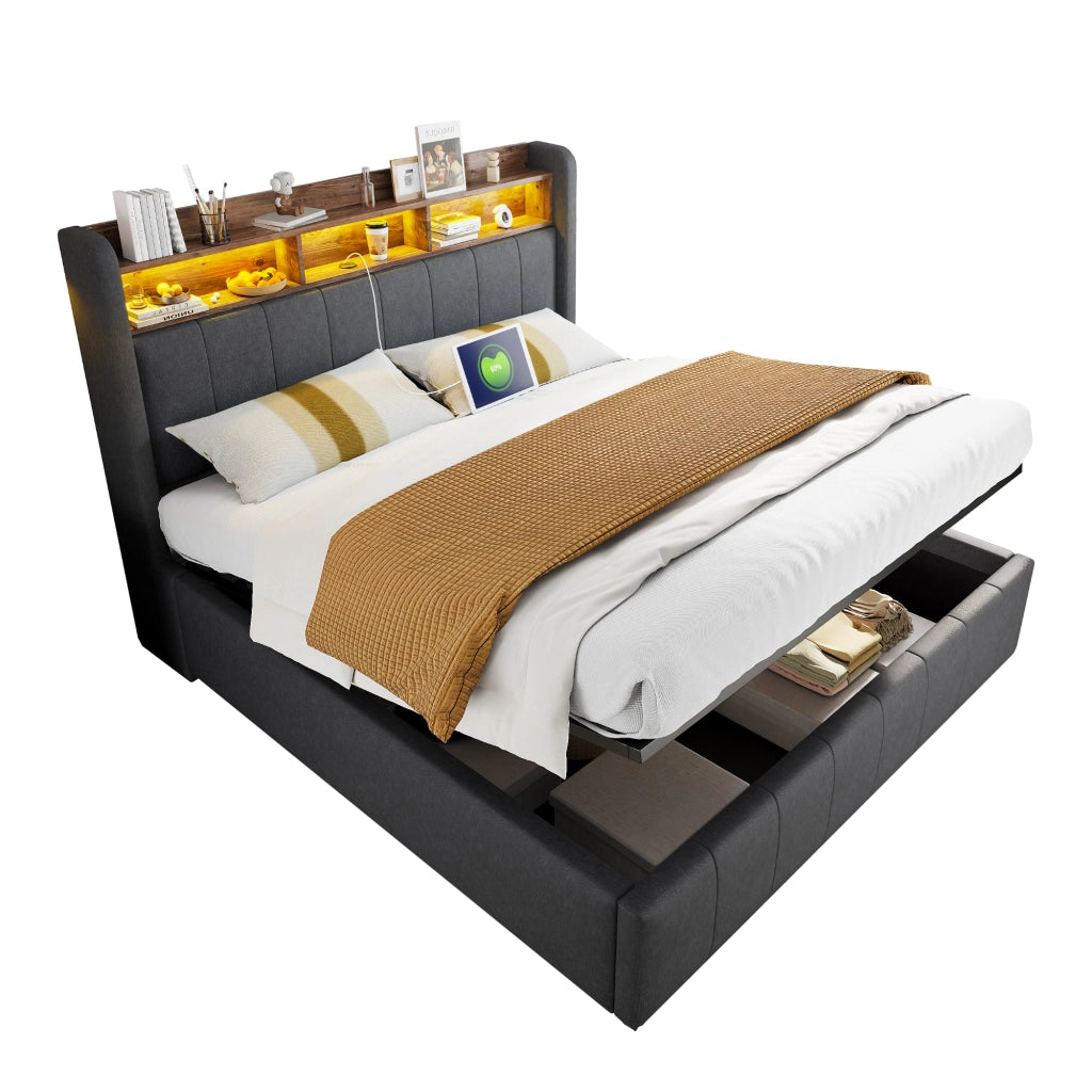 Letto imbottito 160x200 cm con LED variabili, porta USB e Type-C, contenitore idraulico e struttura in metallo, grigio