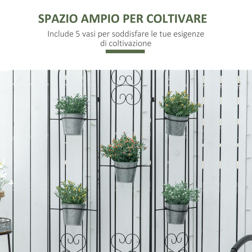 PORTAPIANTE VERTICALE PIEGHEVOLE CON 5 VASI DA ESTERNO IN METALLO, 82X12.5X150CM, NERO