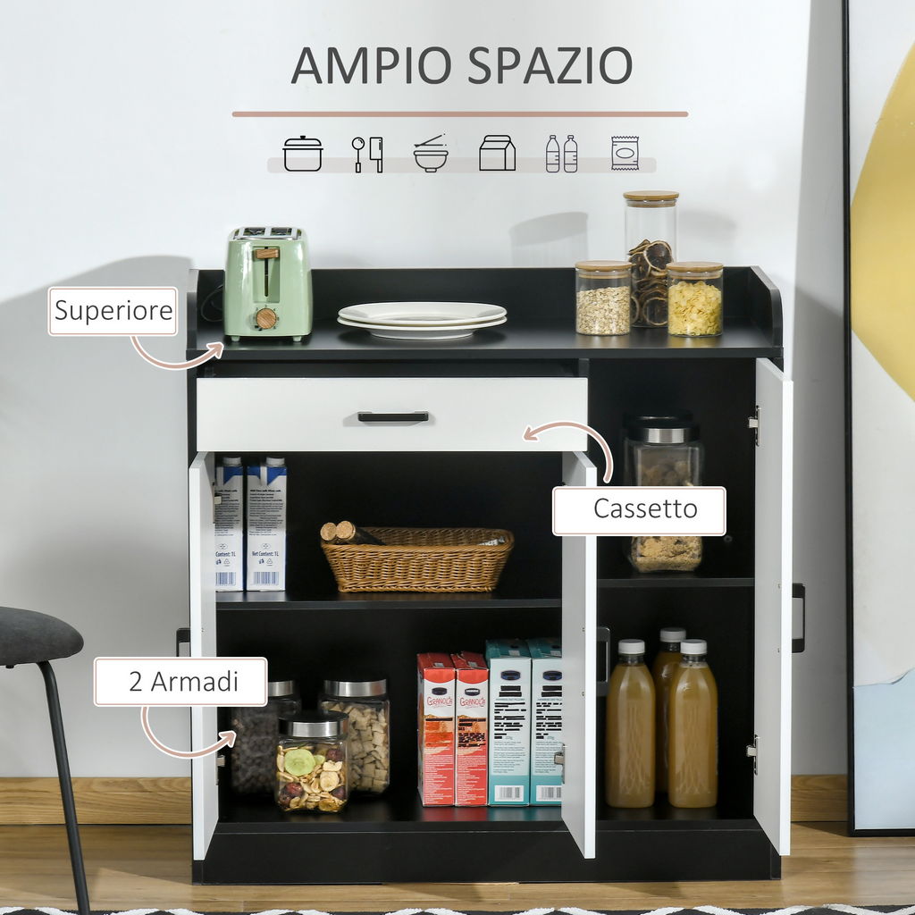 MOBILETTO DA CUCINA MODERNO IN MDF CON 2 ARMADIETTI,1 CASSETTO E RIPIANI REGOLABILI, 90X40X90 CM BIANCO E NERO