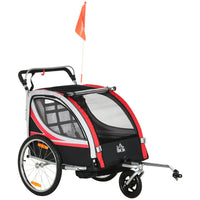 RIMORCHIO BICI PER BAMBINI PASSEGGINO, DESIGN 2 IN 1 CON FRENO, CINTURA E TASCHE, 116-142X75X101CM