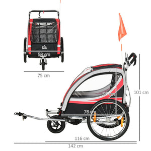 RIMORCHIO BICI PER BAMBINI PASSEGGINO, DESIGN 2 IN 1 CON FRENO, CINTURA E TASCHE, 116-142X75X101CM
