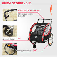 RIMORCHIO BICI PER BAMBINI PASSEGGINO, DESIGN 2 IN 1 CON FRENO, CINTURA E TASCHE, 116-142X75X101CM