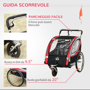 RIMORCHIO BICI PER BAMBINI PASSEGGINO, DESIGN 2 IN 1 CON FRENO, CINTURA E TASCHE, 116-142X75X101CM