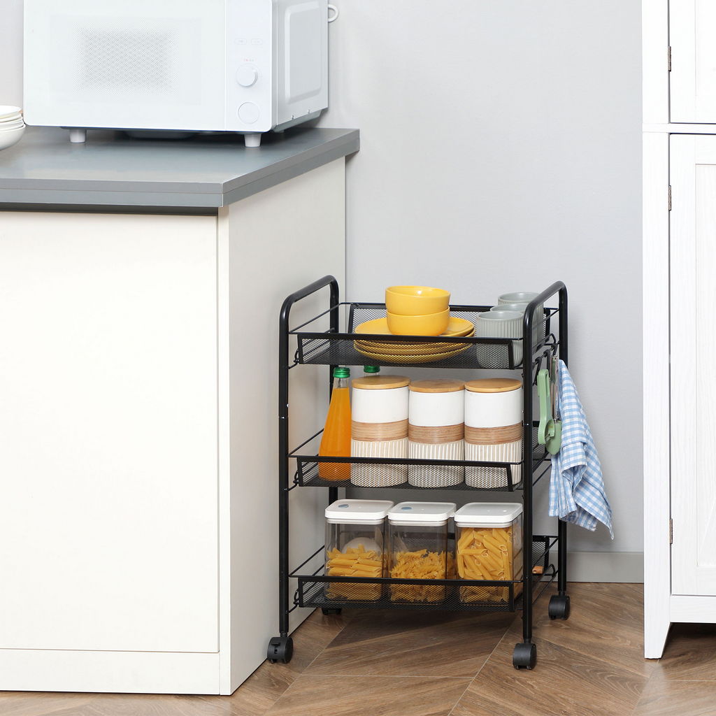 CARRELLO DA CUCINA A 3 LIVELLI CON CESTI REMOVIBILI 41.5LX26.5X63CM ACCIAIO NERO