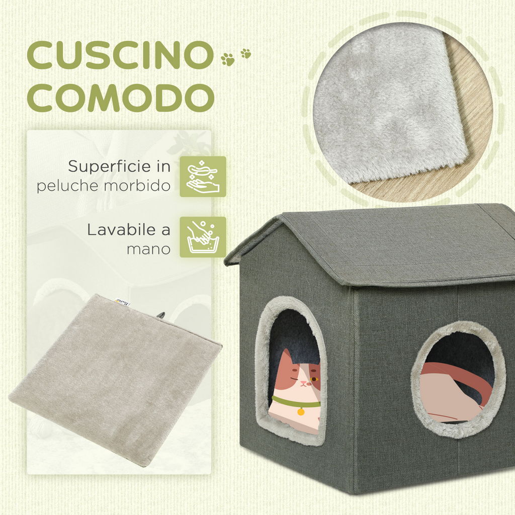CASETTA PER GATTI CON CUSCINI LAVABILI 2 ENTRATE, 39X43.5X40.5CM  GRIGIO