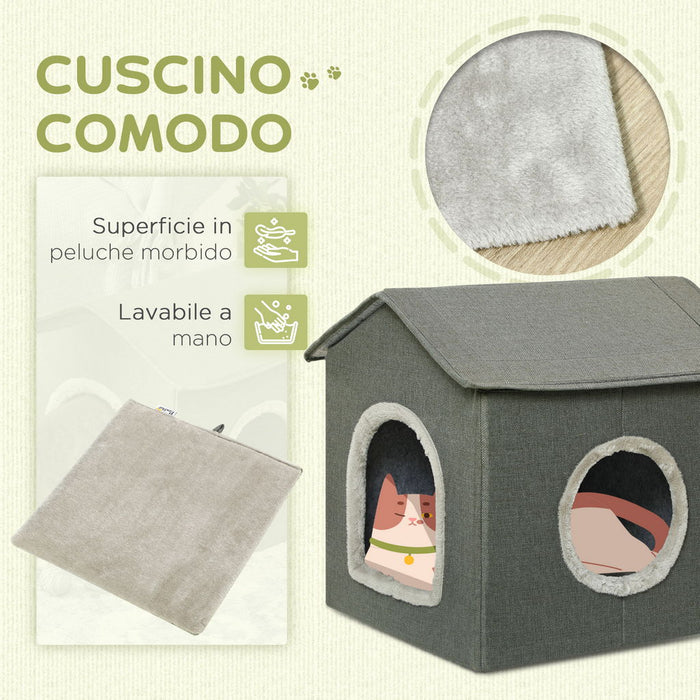 CASETTA PER GATTI CON CUSCINI LAVABILI 2 ENTRATE, 39X43.5X40.5CM  GRIGIO