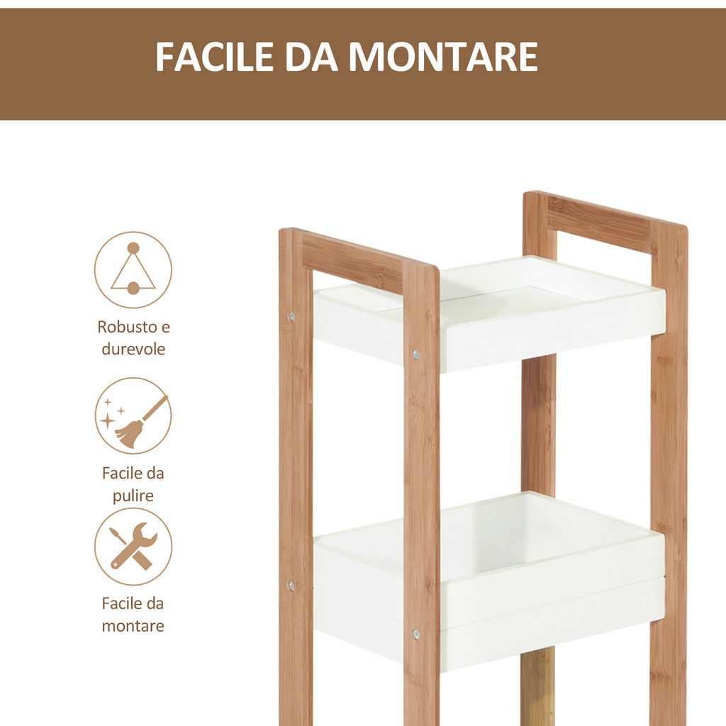 MOBILETTO DA BAGNO CON 3 RIPIANI COMPATTO 27.5X20.8X74 CM IN LEGNO MDF BIANCO E BAMBÙ