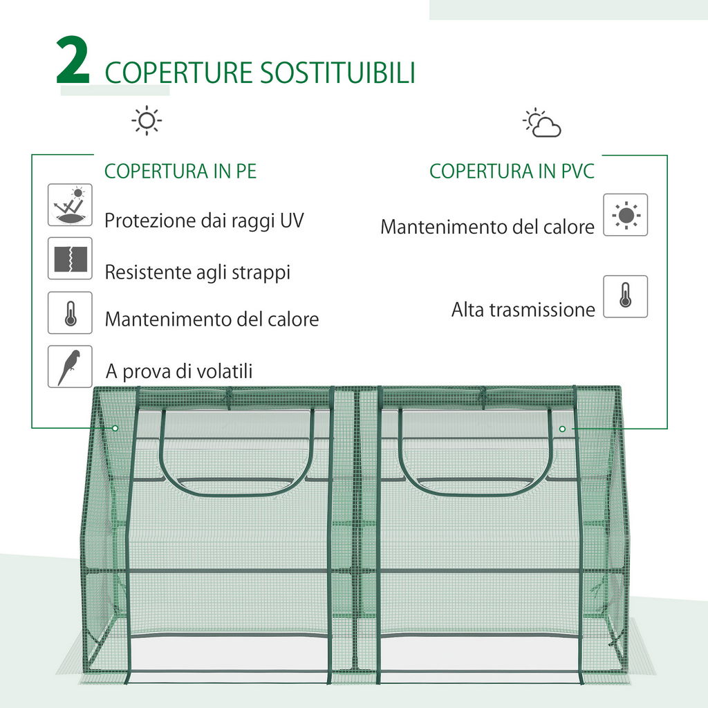 SERRA PER PIANTE ORTO CON 2 COPERTURE IN PE E PVC, STRUTTURA IN ACCIAIO - VERDE 180X90X90CM