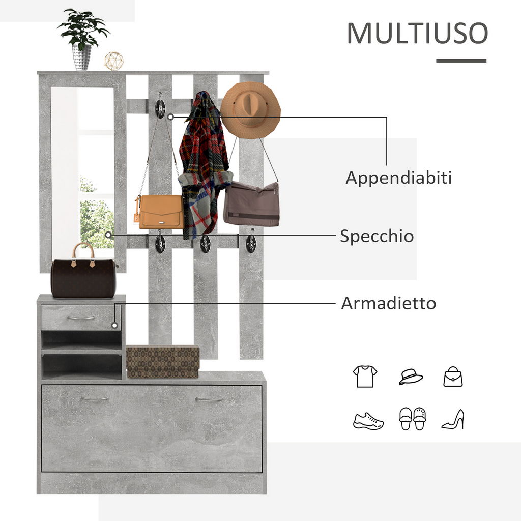 MOBILE GUARDAROBA CON SPECCHIO APPENDIABITI E SCARPIERA 90X22X116 CM GRIGIO