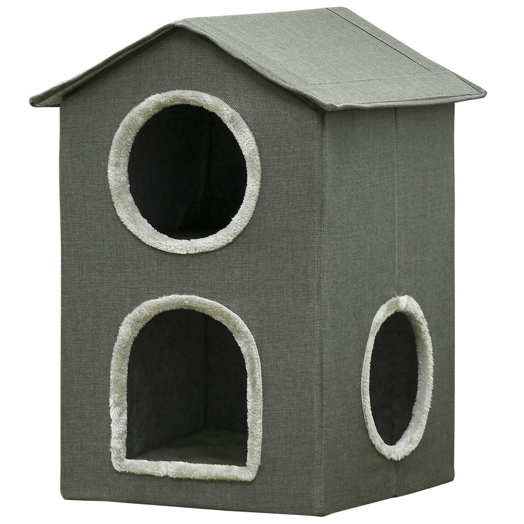 CASETTA PER GATTI A DUE LIVELLI CON CUSCINI LAVABILI 3 ENTRATE, 42X46X59.5 CM, GRIGIO