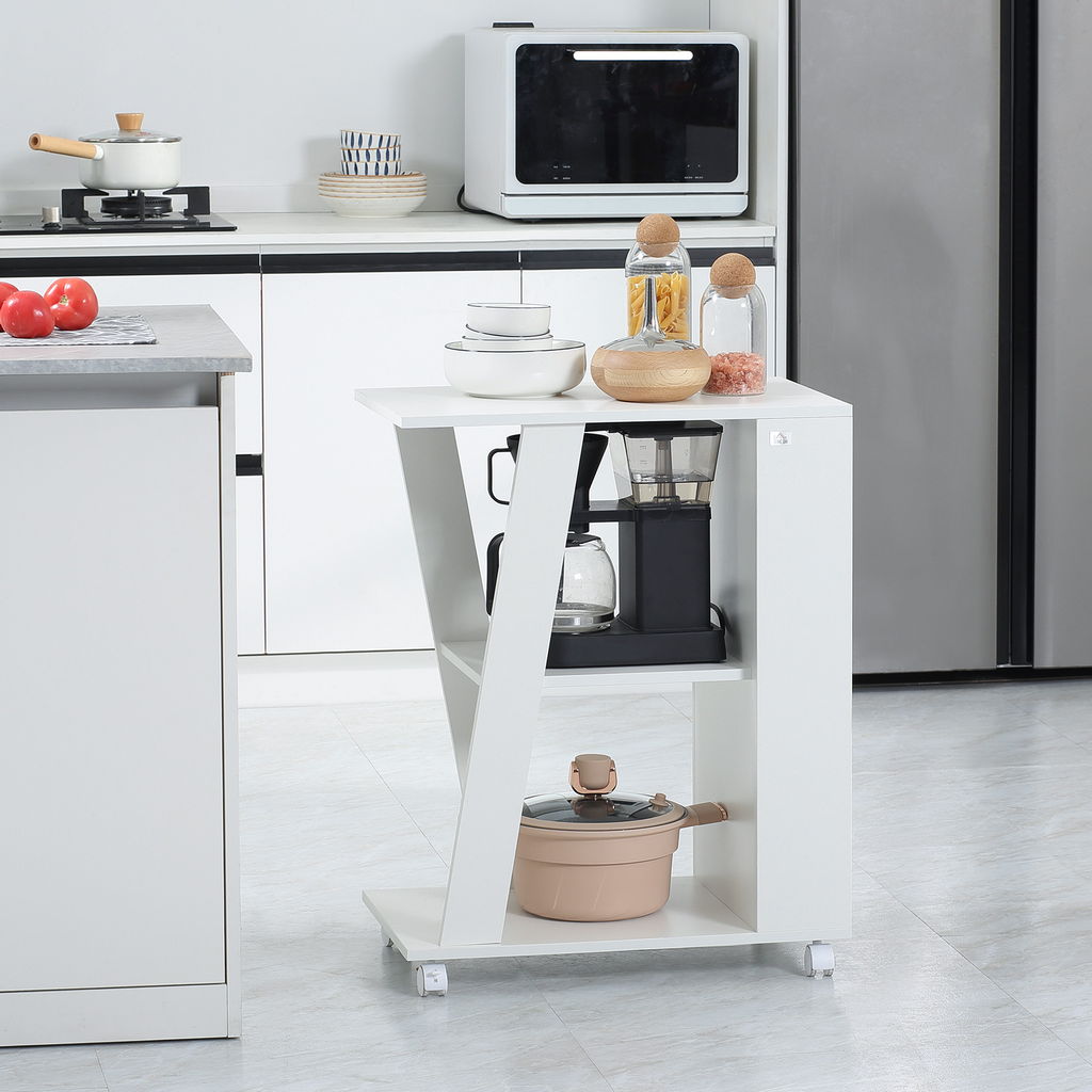 CARRELLO DA CUCINA MODERNO IN LEGNO CON 2 RIPIANI E RUOTE 60X38X77CM BIANCO