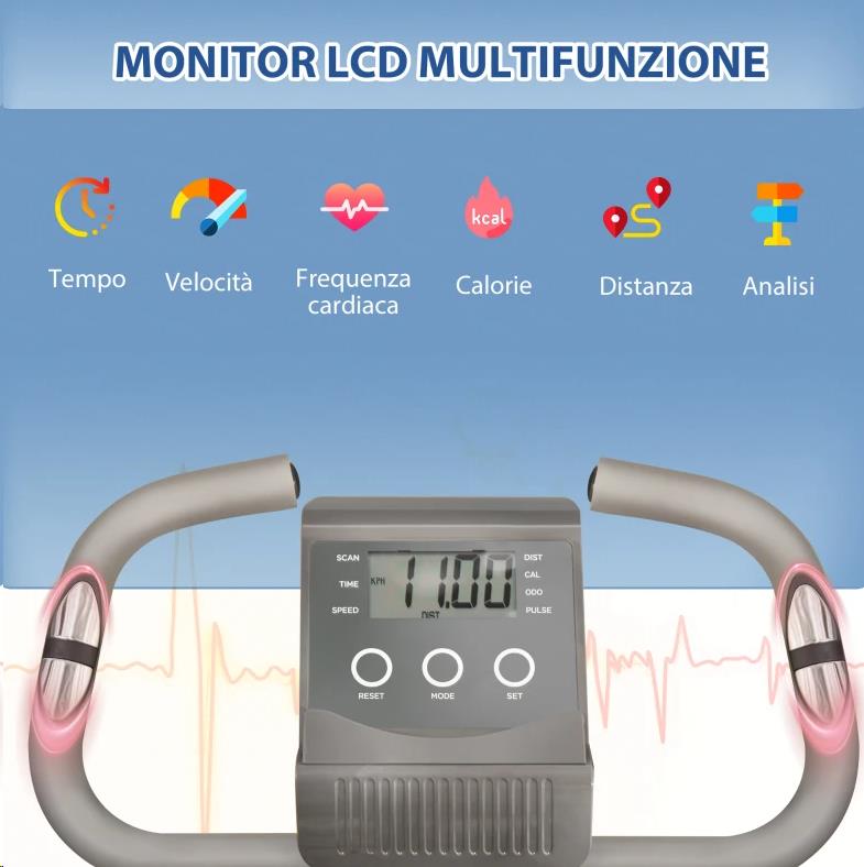 BICI DA FITNESS PIEGHEVOLE 2 IN 1 REGOLABILE 8 LIVELLI + SENSORI ELASTICI E SCHERMO LCD COLOR GRIGIO