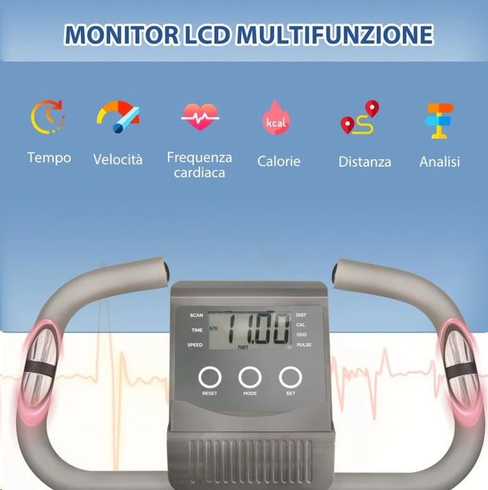 BICI DA FITNESS PIEGHEVOLE 2 IN 1 REGOLABILE 8 LIVELLI + SENSORI ELASTICI E SCHERMO LCD COLOR GRIGIO