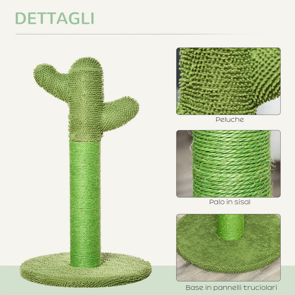 ALBERO TIRAGRAFFI PER GATTI A FORMA DI CACTUS CON CORDE IN SISAL, 40X40X65CM, VERDE