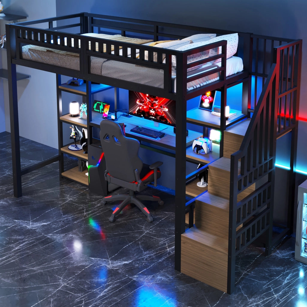 Letto a castello nero 90x200 cm ferro mdf con scrivania scala con contenitore luce led usb