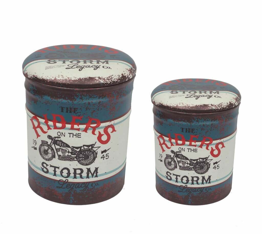 SET DI 2 POUF CONTENITORE TONDI MULTIFUNZIONALI CON STAMPA MOTO BLU