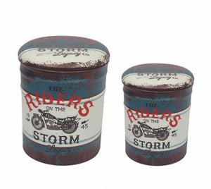 SET DI 2 POUF CONTENITORE TONDI MULTIFUNZIONALI CON STAMPA MOTO BLU