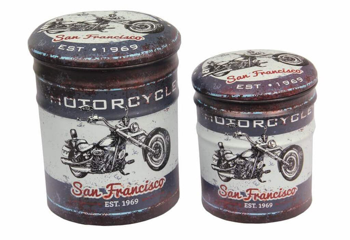 SET DI 2 POUF CONTENITORE TONDI MULTIFUNZIONALI CON STAMPA MOTO GRIGIO SCURO