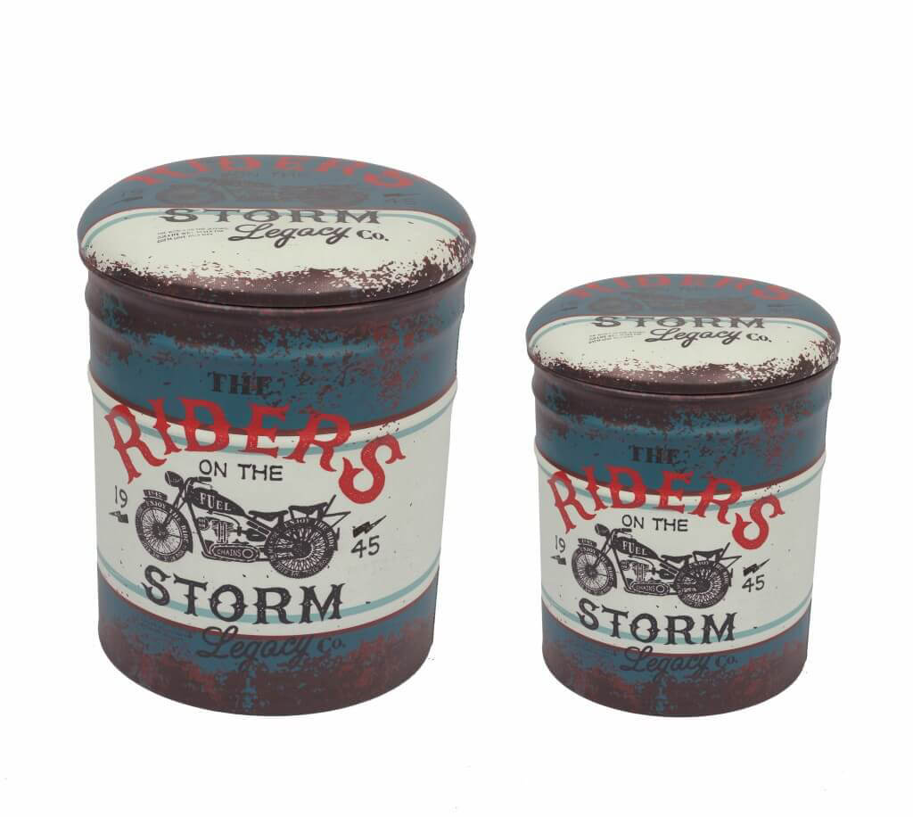 SET DI 2 POUF CONTENITORE TONDI MULTIFUNZIONALI CON STAMPA MOTO BLU