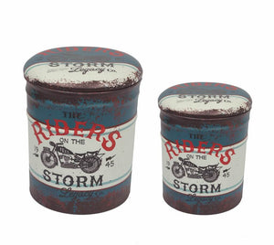 SET DI 2 POUF CONTENITORE TONDI MULTIFUNZIONALI CON STAMPA MOTO BLU