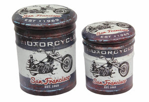 SET DI 2 POUF CONTENITORE TONDI MULTIFUNZIONALI CON STAMPA MOTO GRIGIO SCURO