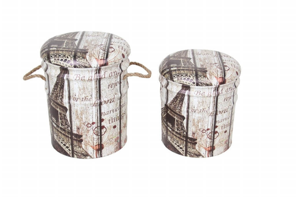 SET DI 2 POUF CONTENITORE TONDI MULTIFUNZIONALI CON STAMPA TORRE EIFFEL