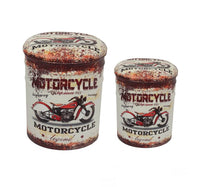 SET DI 2 POUF CONTENITORE TONDI MULTIFUNZIONALI CON STAMPA MOTO GRIGIO CHIARO