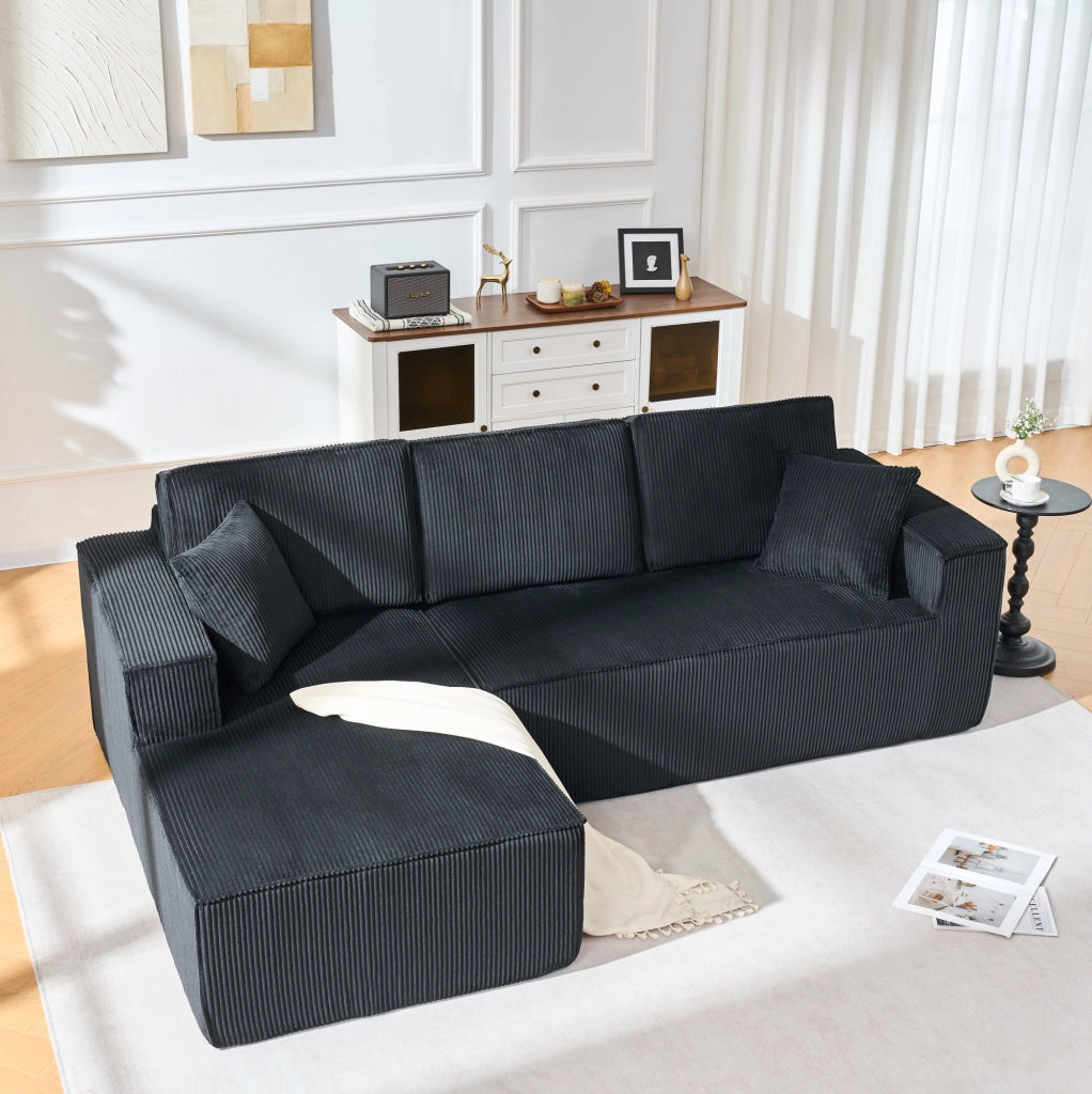 Sofa modulare a L con chaise longue; in velluto a coste nero; 235 x 128 x 60 cm