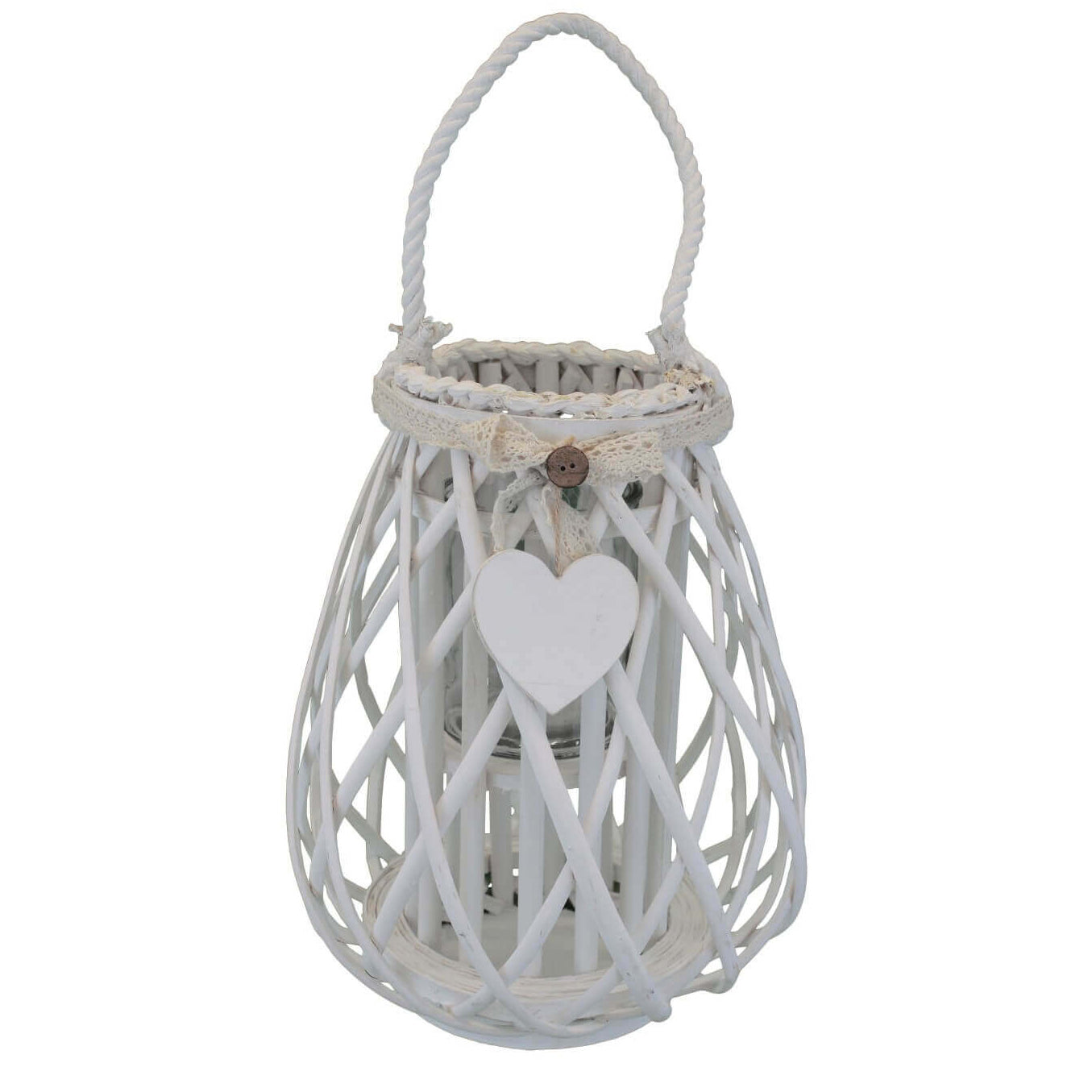 LANTERNA EDWIGE REALIZZATA IN VIMINI CON DECORO CUORE BIANCO