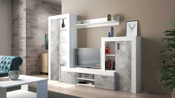 NOBEL PARETE SOGGIORNO BIANCO E GRIGIO EFFETTO CEMENTO 300 X 35 X H198 CM