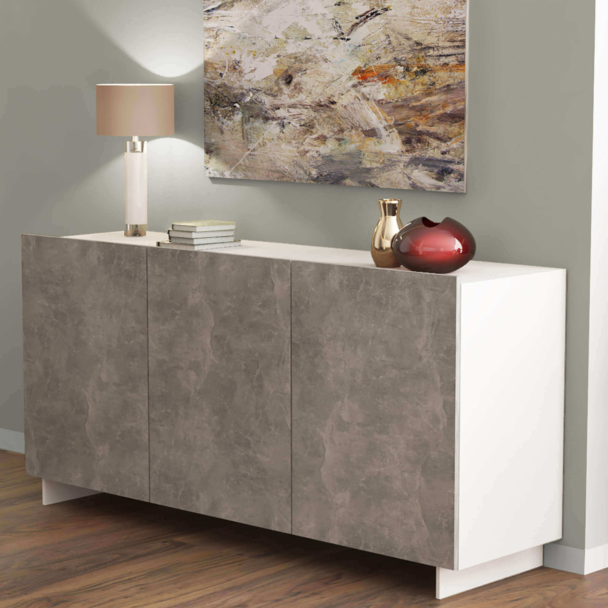 CREDENZA CARLILE BIANCO E GRIGIO AD EFFETTO CEMENTO 150 X 41.5 X H76 CM