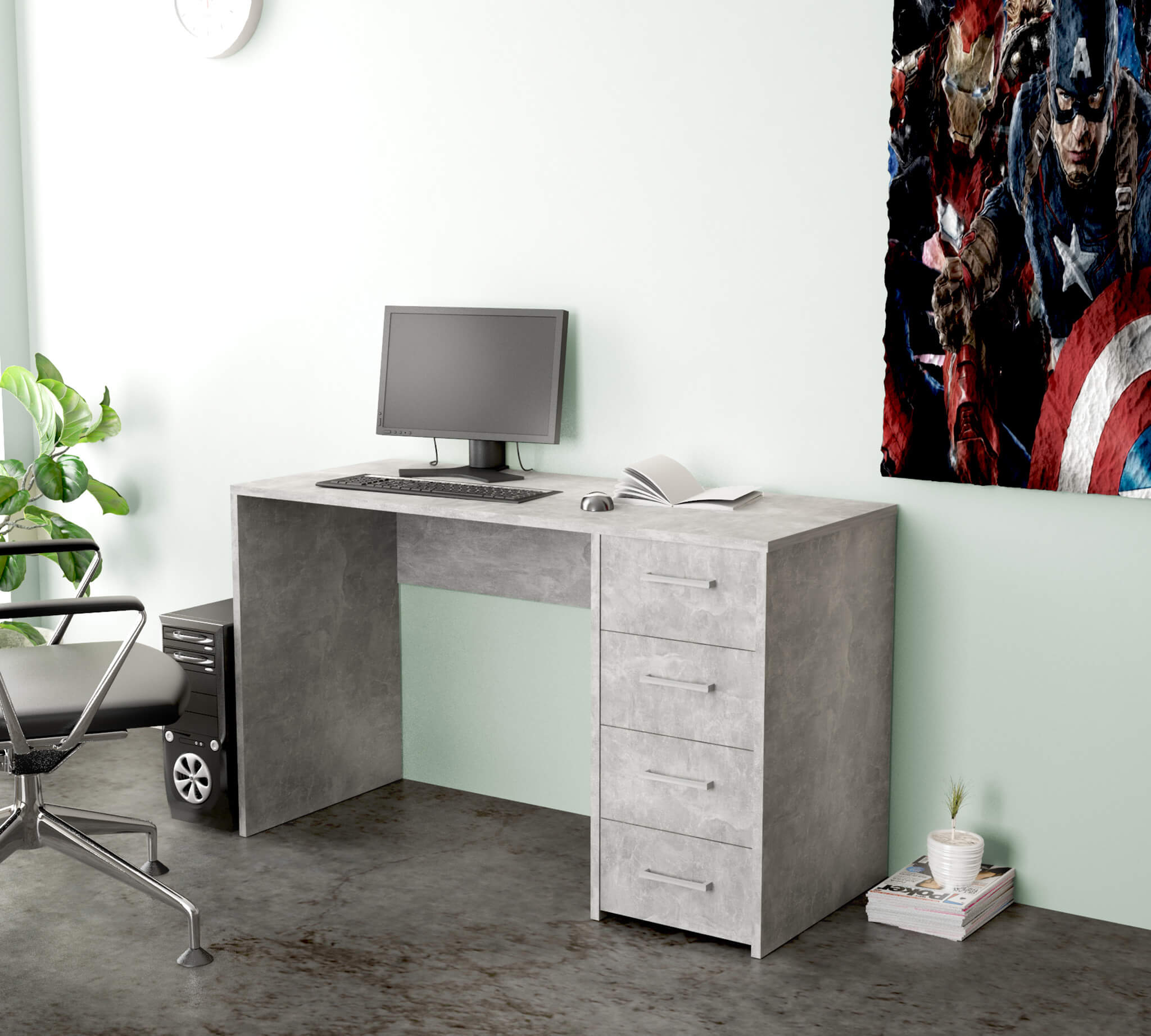 SCRIVANIA TOPAZ IN LEGNO CERTIFICATO FSC GRIGIO EFFETTO CEMENTO 120 X 50 X H70CM