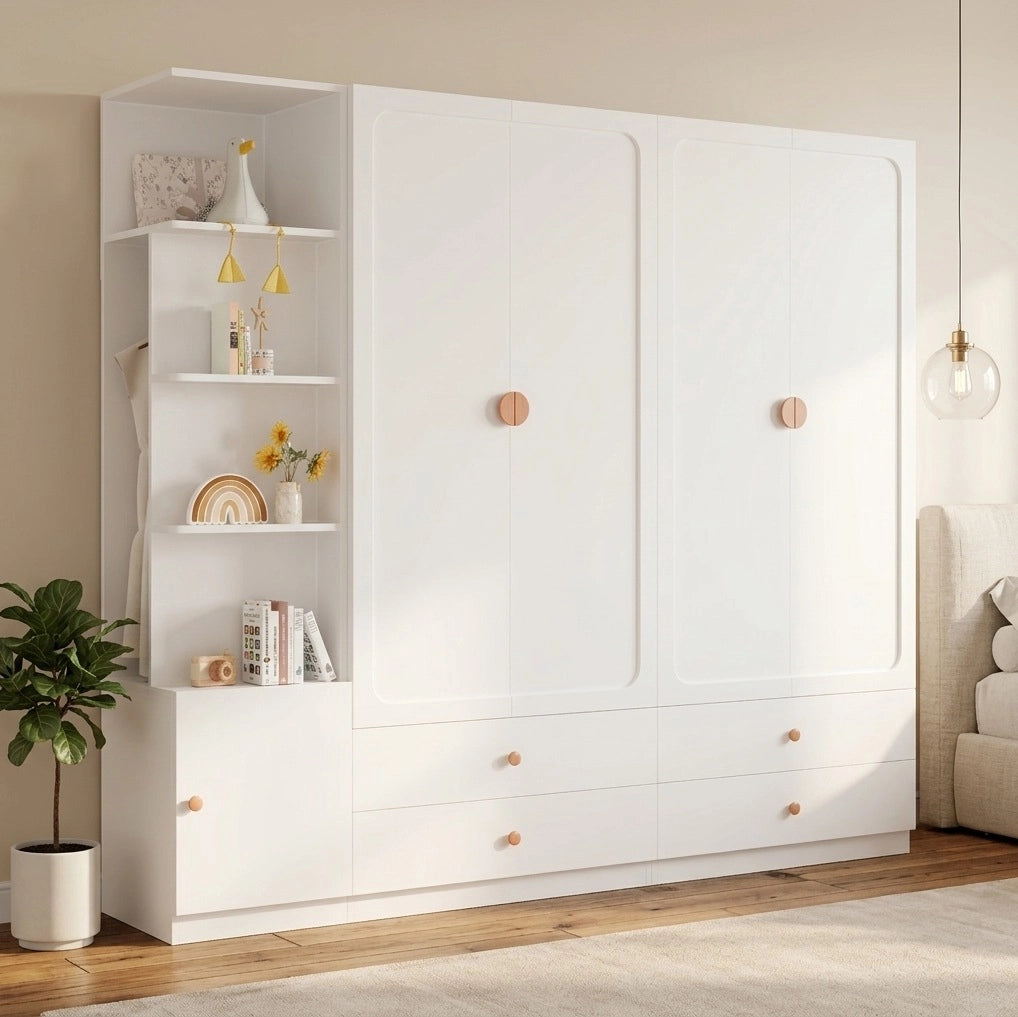 Armadio bianco con 3 aste appendiabiti e 4 cassetti; 225 x 45 x 200 cm