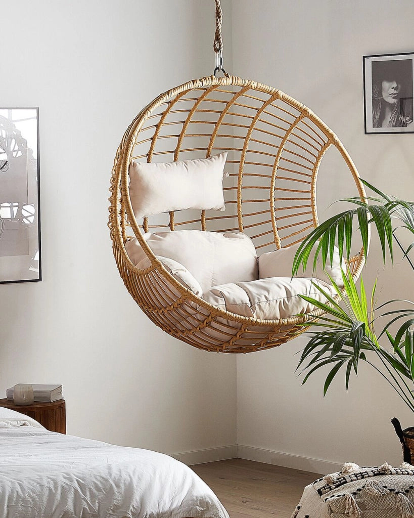 Sedia sospesa poltrona pensile Cestino di vimini rotondo in rattan beige senza supporto con cuscini Boho