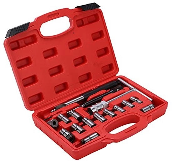 Set di strumenti per injector a diesel 17 pezzi - Kit di attrezzatura per autogarage universale - Rimuovitore di carbonio - Contenitore di stoccaggio - Attrezzatura professionale - Vari misure e tipi - Kit di strumenti per injector