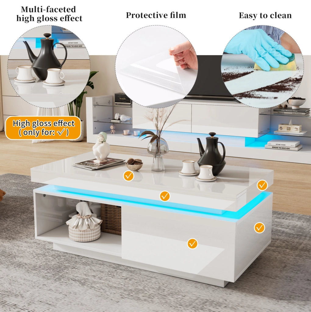 Set mobile TV e tavolino lucido con LED; bianco; in truciolare