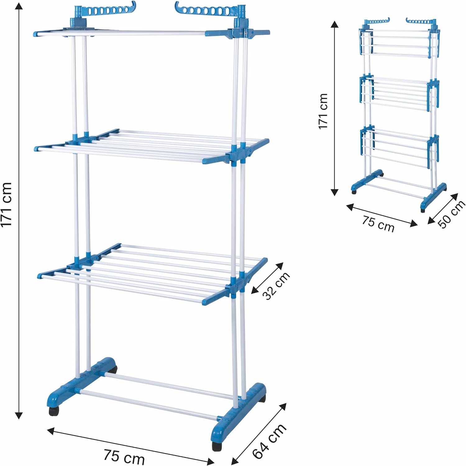 STENDINO A TORRE IN METALLO E PLASTICA IN COLORE BLU 75 X 64 X H171 CM