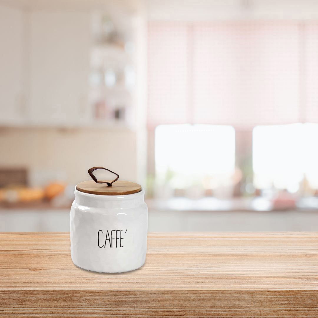 BARATTOLO DA CAFFÈ IN CERAMICA CON TAPPO IN LEGNO 14CM IN COLORE BIANCO