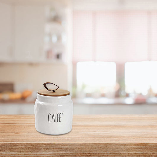 BARATTOLO DA CAFFÈ IN CERAMICA CON TAPPO IN LEGNO 14CM IN COLORE BIANCO