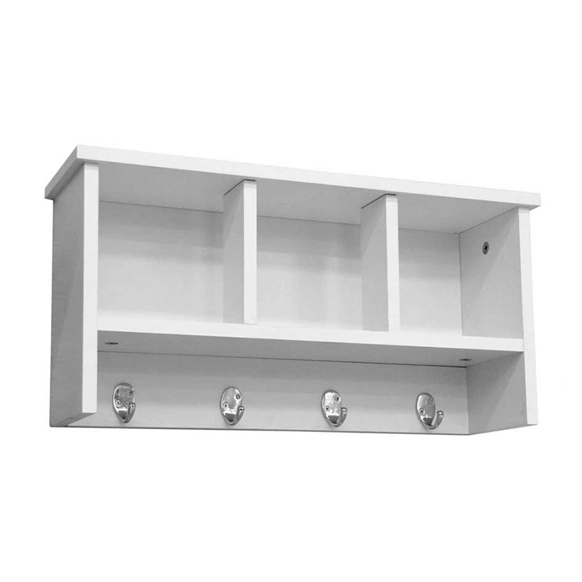 MENSOLE CON APPENDINO CON 2 RIPIANI E 4 GANCI IN LEGNO COLORE BIANCO 56X17X28