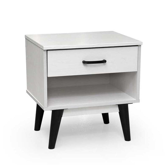 ARES COMODINO DA CAMERA CON CASSETTO 48X38X50CM  LEGNO BIANCO CON GAMBE NERE