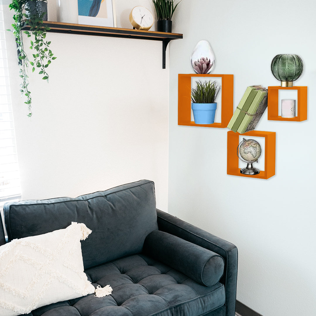 SET 3 PENSILI QUADRATI IN LEGNO DA PARETE IN TRE MISURE CON FINITURA ARANCIONE