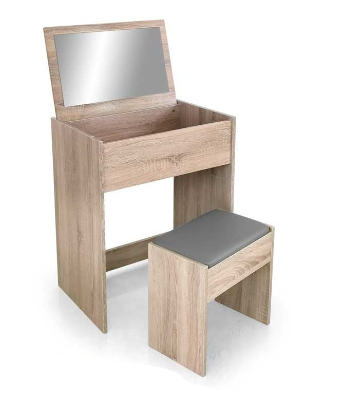 TOELETTA IN LEGNO CON SPECCHIO PIEGHEVOLE E SGABELLO 60X40X75 CM ROVERE