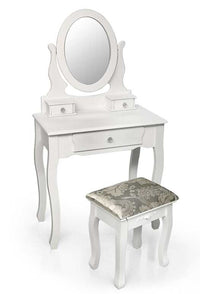 CONSOLLE PER MAKE UP CON SGABELLO E SPECCHIO TONDO 70X40X132CM COLORE BIANCO