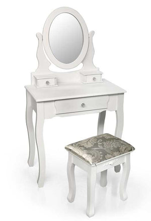 CONSOLLE PER MAKE UP CON SGABELLO E SPECCHIO TONDO 70X40X132CM COLORE BIANCO